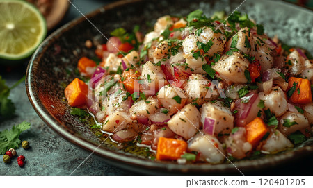 Peruvian ceviche with fresh fish marinated in lime juice, onions, and cilantro, served with sweet potatoes Peruvian ceviche with fresh fish marinated in lime juice, onions, and cilantro, served with sweet potatoes 120401205