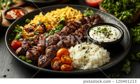 Turkish kebabs with grilled lamb, vegetables, and flatbread, served with yogurt sauce and a side of rice Turkish kebabs with grilled lamb, vegetables, and flatbread, served with yogurt sauce and a side of rice 120401213