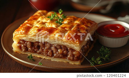 Australian meat pie with flaky pastry, filled with minced beef and gravy, served with ketchup 120401224