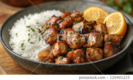 Filipino adobo with chicken, marinated in soy sauce, vinegar, garlic, and spices, served with white rice 120401225