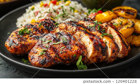 Caribbean jerk chicken with spicy seasoning, served with rice and peas, and a side of fried plantains 120401228