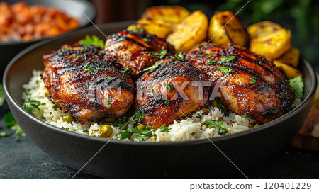 Caribbean jerk chicken with spicy seasoning, served with rice and peas, and a side of fried plantains 120401229
