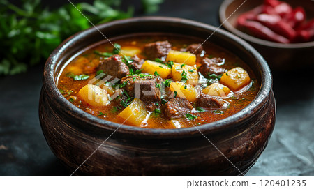 Hungarian goulash with beef, paprika, and potatoes, hearty and rich, served in a rustic pot 120401235