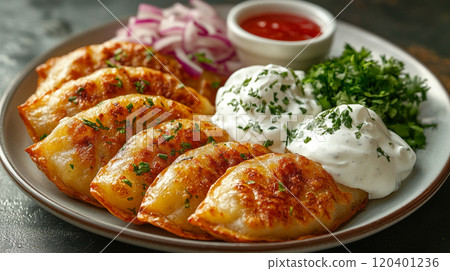 Polish pierogi stuffed with potatoes, cheese, and onions, served with sour cream and crispy bacon 120401236