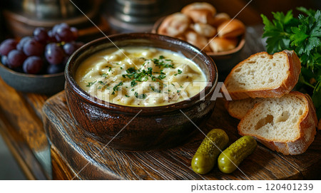 Swiss fondue with melted cheese, served with crusty bread, grapes, and small pickles on a wooden board 120401239
