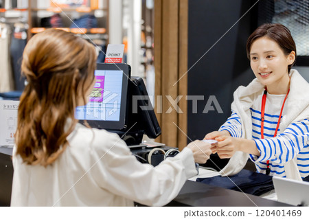 Apparel store checkout scene Apparel store checkout scene 120401469