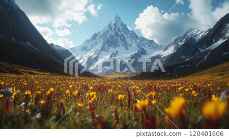 Mountain landscape with snow-capped peaks, clear skies, and a vast open meadow in the foreground for copy space. 120401606