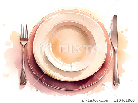 Watercolor plate, knife and fork 120401866