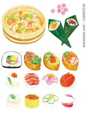 Hand drawn watercolor illustration set of various celebratory sushi 120402316
