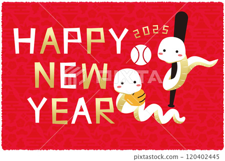 新年快樂 2025 新年賀卡紅背橫金白蛇雙持 120402445