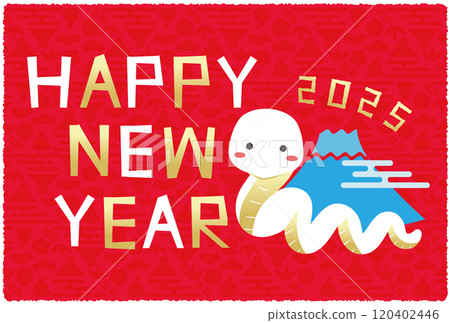 Happy New Year 2025 New Year's card Red background horizontal Mount Fuji gold white snake Happy New Year 2025 New Year's card Red background horizontal Mount Fuji gold white snake 120402446