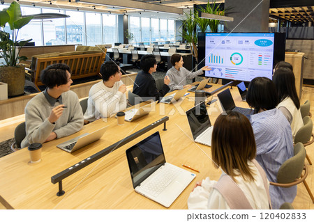 使用顯示器開會的男女 使用顯示器開會的男女 120402833