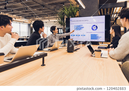 Men and women having a meeting using a monitor 120402883