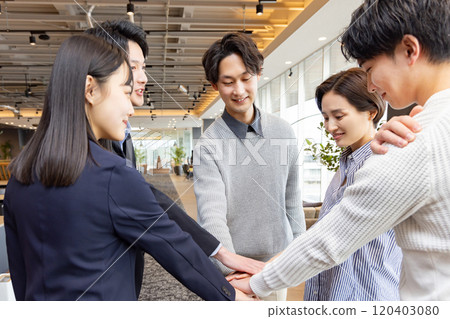 People working in a stylish designer office: standing in a circle, fired up, saying "Yeeees ... 120403080