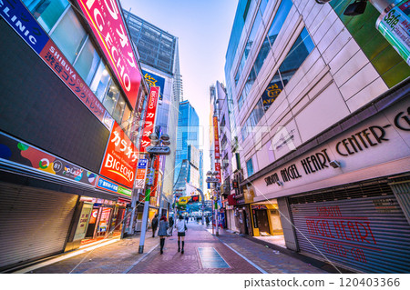 Tokyo cityscape in Japan: View of Shibuya Scramble Crossing from Shibuya Center Street in the early morning = 9th, after 6:30 a.m. 120403366