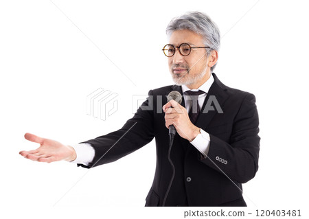 Gray-haired businessman giving an explanation Gray-haired businessman giving an explanation 120403481