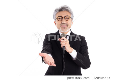 Gray-haired businessman giving an explanation Gray-haired businessman giving an explanation 120403483