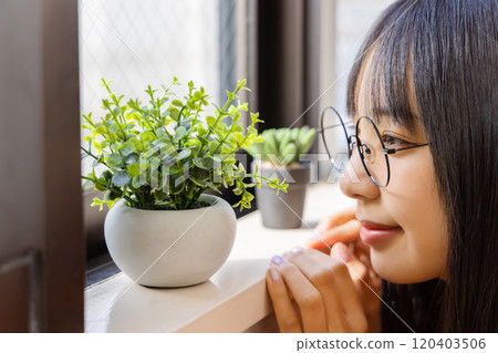 一名婦女在室內安裝人造觀葉植物 120403506