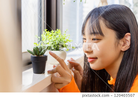 一名婦女在室內安裝人造觀葉植物 120403507