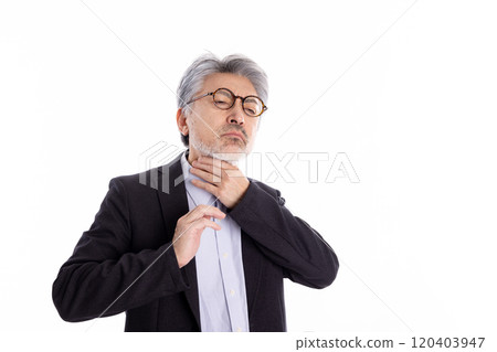 Cold, sore throat, negative, gray-haired man 120403947