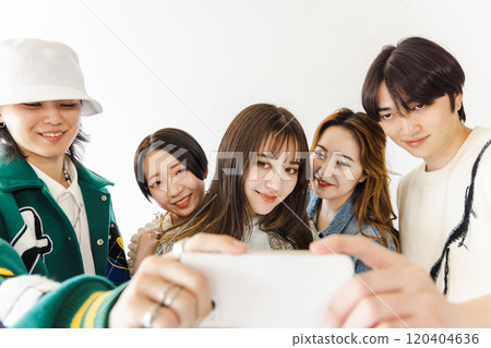 Group of men and women of generation Z taking pictures 120404636