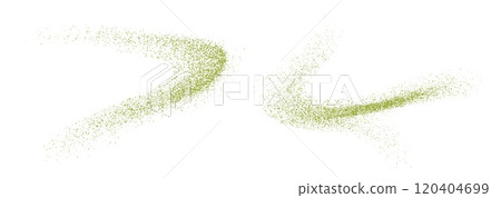 Flying matcha powder, dust particles in motion, green splashes isolated on white background. Flying matcha powder, dust particles in motion, green splashes isolated on white background. 120404699