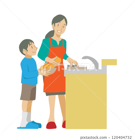 父母和孩子在廚房切水果 120404732