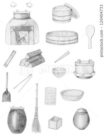 手繪鉛筆插圖集老式廚房用具 手繪鉛筆插圖集老式廚房用具 120404733