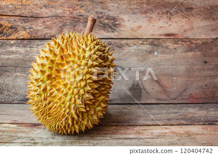Durian is a famous fruit on wood background. 120404742