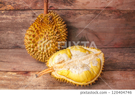 Durian is a famous fruit on wood background. 120404746