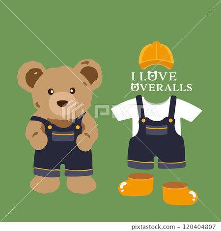 Illustration of a teddy bear wearing overalls, hat and clothes Illustration of a teddy bear wearing overalls, hat and clothes 120404807