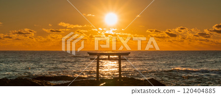 "Ibaraki Prefecture" Torii gate and sunrise on the coast of Oarai Isosaki Shrine 120404885