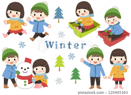 冬天在雪地玩耍的孩子們的插圖圖示集 冬天在雪地玩耍的孩子們的插圖圖示集 120405363