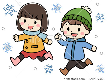 Illustration of kids running through the snow on a winter day 120405366