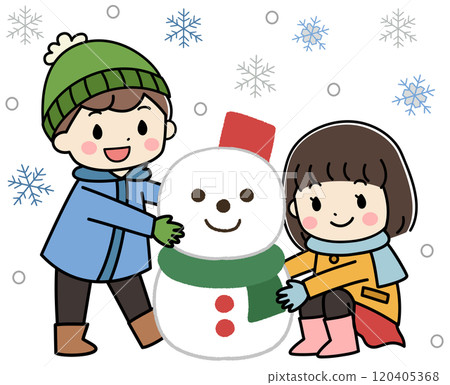 Illustration of kids making a snowman on a winter day 120405368