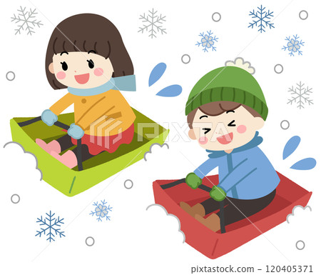 Illustration of kids sledding in the snow in winter 120405371