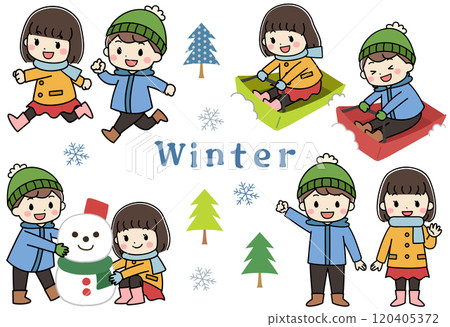 冬天在雪地玩耍的孩子們的插圖圖示集 冬天在雪地玩耍的孩子們的插圖圖示集 120405372