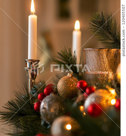 Christmas tree and decorations with candles. Holiday concept Christmas tree and decorations with candles. Holiday concept 120405507