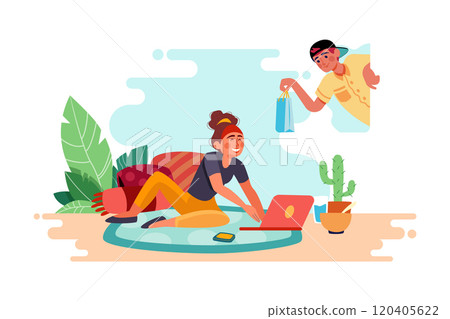 Girl stay at home, using home shipping service Girl stay at home, using home shipping service 120405622