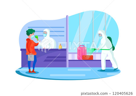 Passenger health check and disinfectant spraying at the airport, passenger wearing mask and the officer wearing hazmat suit 120405626