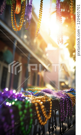 Confetti and Mardi Gras carnival decorations city street festival background 120405701