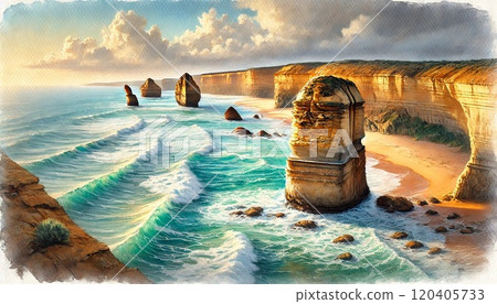 澳洲大洋路的十二使徒岩與蔚藍海浪的壯觀海岸線 120405733