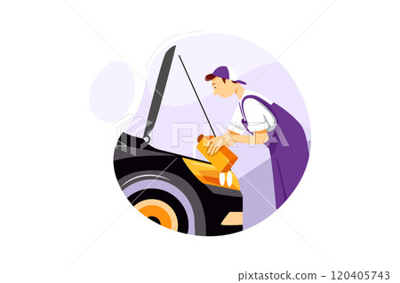 Mechanic pouring oil into car Mechanic pouring oil into car 120405743
