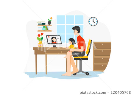 A man and his daughter sitting in the study room at home having a video call with the mother 120405768
