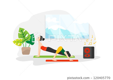 A woman and her daughter do yoga lesson next at home to a speaker playing relaxing music A woman and her daughter do yoga lesson next at home to a speaker playing relaxing music 120405770