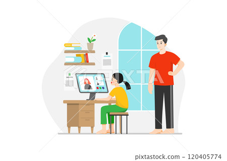 Dad watching his daughter having fun studying online in quarantine time Dad watching his daughter having fun studying online in quarantine time 120405774
