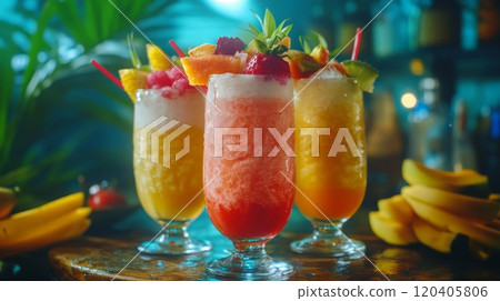 Three Tropical Cocktails with Fresh Fruit Garnishes Three Tropical Cocktails with Fresh Fruit Garnishes 120405806