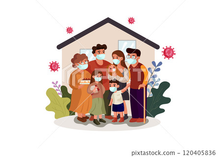 A large family is implementing the policy stay at home and wear masks to prevent virus 120405836