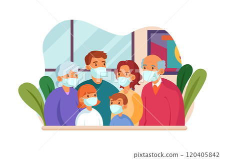 A big family of 6 people isolating society and wearing a mask to prevent virus. 120405842