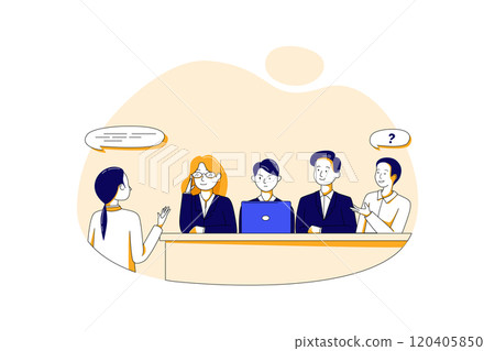 Woman during job interview and four elegant members of management Woman during job interview and four elegant members of management 120405850
